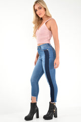 Mid Wash Colour Block Step Hem Jeans - Lianni