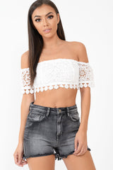 White Crochet Bardot Cold Shoulder Crop Top - Aarshi
