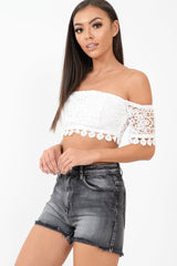 White Crochet Bardot Cold Shoulder Crop Top - Aarshi
