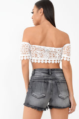 White Crochet Bardot Cold Shoulder Crop Top - Aarshi
