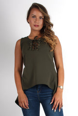 Elena Khaki Tie Front Split Back Top