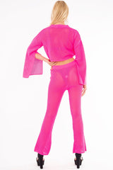 Neon Pink Fishnet Crop Jumper Wide Leg Trouser Co-ord - Haddie