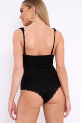 Black Lace Plunge Front Padded Bodysuit - Kaarla