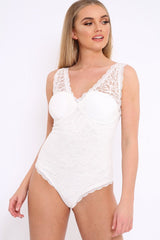 White Lace Plunge Front Padded Bodysuit - Kaarla