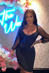 Black Mesh Sleeves Tie Detail Cut Out Front Bodycon Dress - Graclynn