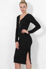 Black ribbed Zip front midi dress- Kacee