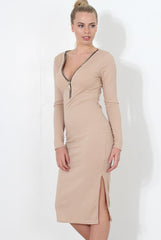 Nude ribbed Zip front midi dress- Kacee