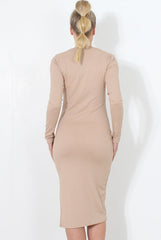 Nude ribbed Zip front midi dress- Kacee