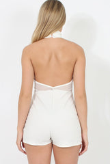 White High Neck Mesh Detail Playsuit - Kacey