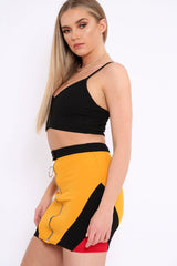 Mustard Black And Red Colour Block Zip Front Mini Skirt and Bralet Co-ord - Kacey