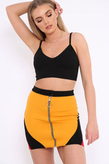 Mustard Black And Red Colour Block Zip Front Mini Skirt and Bralet Co-ord - Kacey