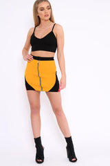 Mustard Black And Red Colour Block Zip Front Mini Skirt and Bralet Co-ord - Kacey