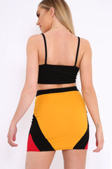 Mustard Black And Red Colour Block Zip Front Mini Skirt and Bralet Co-ord - Kacey