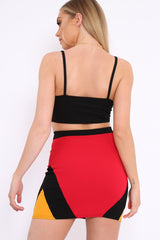 Red Black And Mustard Colour Block Zip Front Mini Skirt and Bralet Co-ord - Kacey