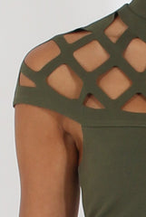 Khaki Cage High Neck Bodycon Dress- Kade