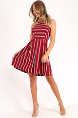 Red Stripe Multi Strap Skater Dress - Kadince