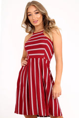 Red Stripe Multi Strap Skater Dress - Kadince