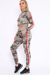 Khaki CamoTracksuit with Red and White Side Stripes - Kady