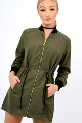 Khaki Bomber Style Long Jacket - Brea