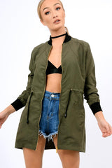 Khaki Bomber Style Long Jacket - Brea