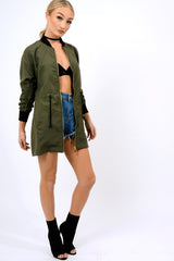 Khaki Bomber Style Long Jacket - Brea