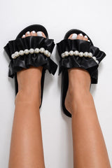 Black Pearl Detail Ruffle Sliders - Kahli