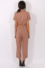 Brown Utility Tie Waist Pocket Jumpsuit - Kai