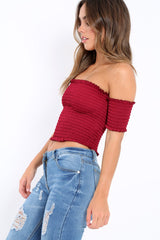 Wine Bardot Frill Shirred Crop Top - Kailah