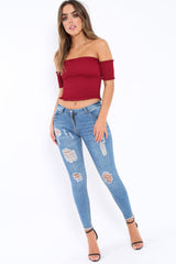Wine Bardot Frill Shirred Crop Top - Kailah