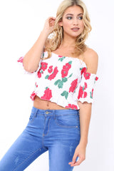 White floral Bardot Frill Shirred Crop Top - Kailah