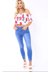 White floral Bardot Frill Shirred Crop Top - Kailah