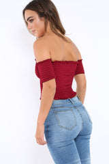 Wine Bardot Frill Shirred Crop Top - Kailah