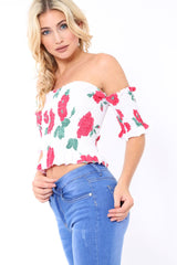 White floral Bardot Frill Shirred Crop Top - Kailah