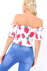 White floral Bardot Frill Shirred Crop Top - Kailah