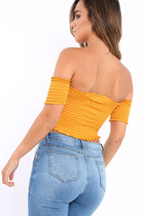 Mustard Bardot Frill Shirred Crop Top - Kailah