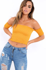 Mustard Bardot Frill Shirred Crop Top - Kailah