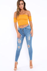 Mustard Bardot Frill Shirred Crop Top - Kailah