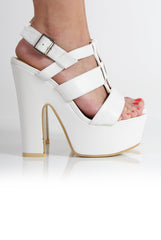 Kaira White PU Strappy Chunky Heels
