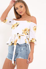 White Floral Bardot Peplum Top - Kairy