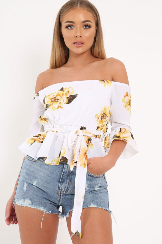 White Floral Bardot Peplum Top - Kairy