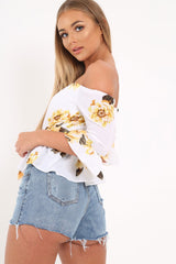 White Floral Bardot Peplum Top - Kairy