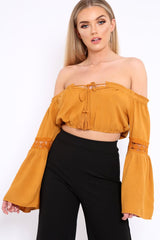Mustard Gypsy Bardot Crop Top with Key Hole Tie Front - Kaitlin