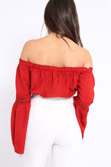 Red Gypsy Bardot Crop Top with Key Hole Tie Front - Kaitlin