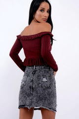 Wine Ruffle Hem Ribbed Bardot Crop Top - Kaitlyn