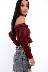 Wine Ruffle Hem Ribbed Bardot Crop Top - Kaitlyn