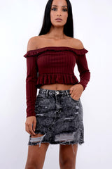 Wine Ruffle Hem Ribbed Bardot Crop Top - Kaitlyn