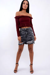 Wine Ruffle Hem Ribbed Bardot Crop Top - Kaitlyn