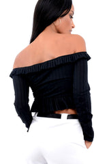 Black Ruffle Hem Ribbed Bardot Crop Top - Kaitlyn