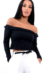 Black Ruffle Hem Ribbed Bardot Crop Top - Kaitlyn