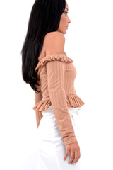Camel Ruffle Hem Ribbed Bardot Crop Top - Kaitlyn